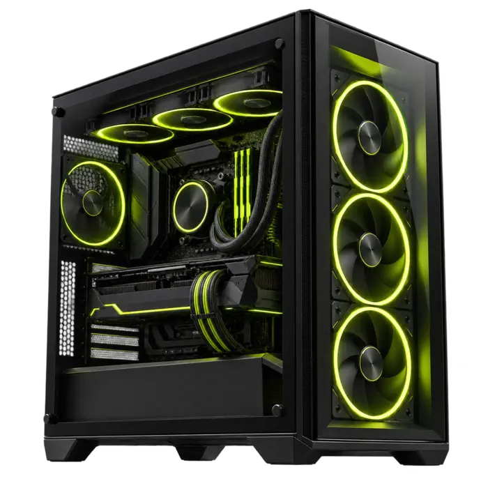 PC gaming La Equilibrada con iluminación verde y refrigeración líquida